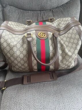Gucci Tan Monogram Shoulder Bag with Signature Red and Green Web